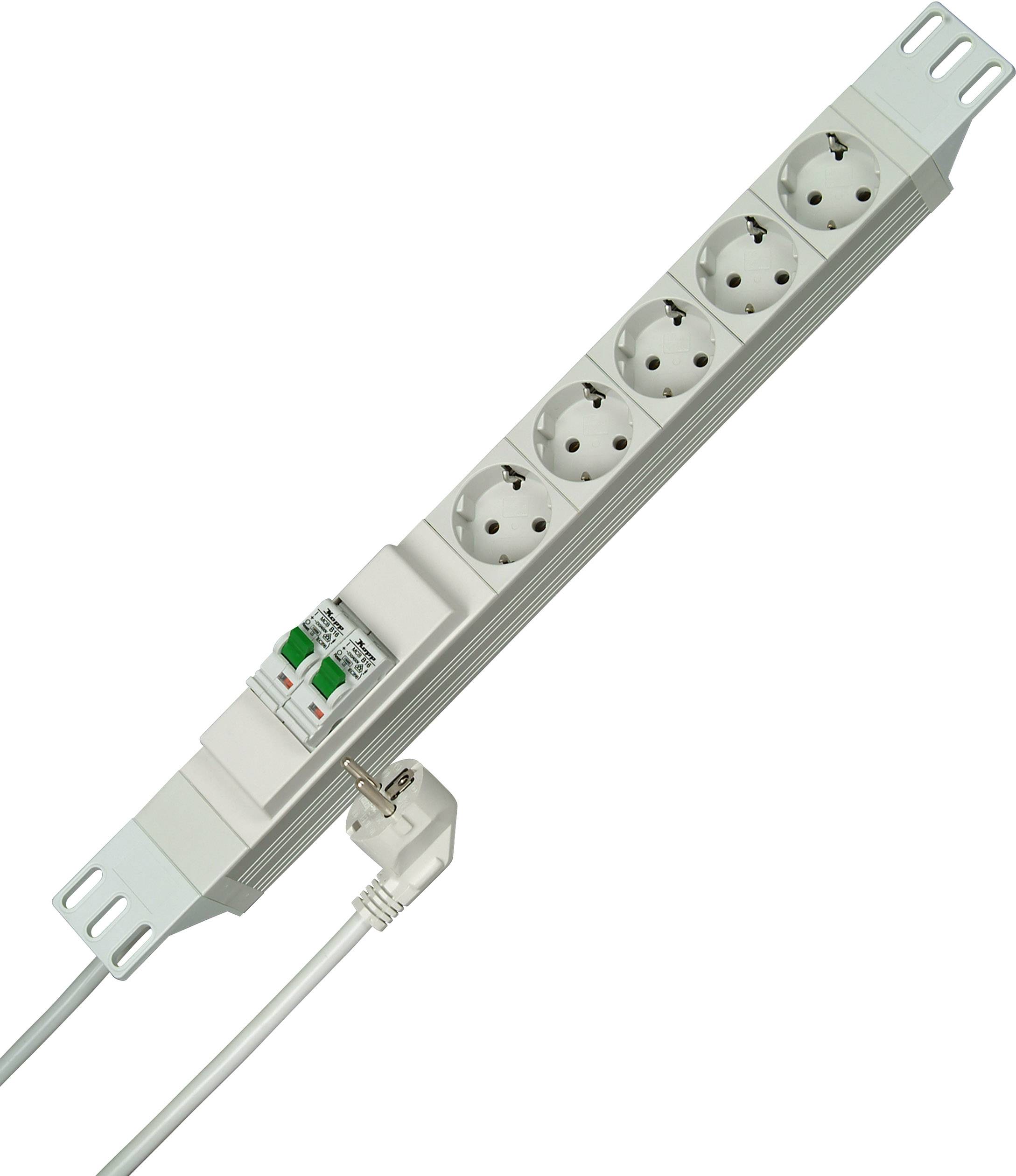 Six-way socket strip with power switch and surge protection, white, for electrical devices.