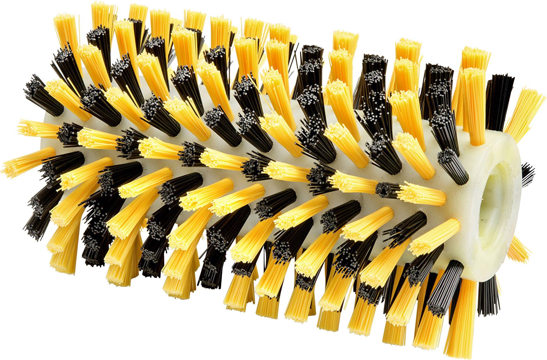 A cylindrical brush attachment with yellow and black bristles, commonly used for vacuum cleaners or carpet cleaners.
