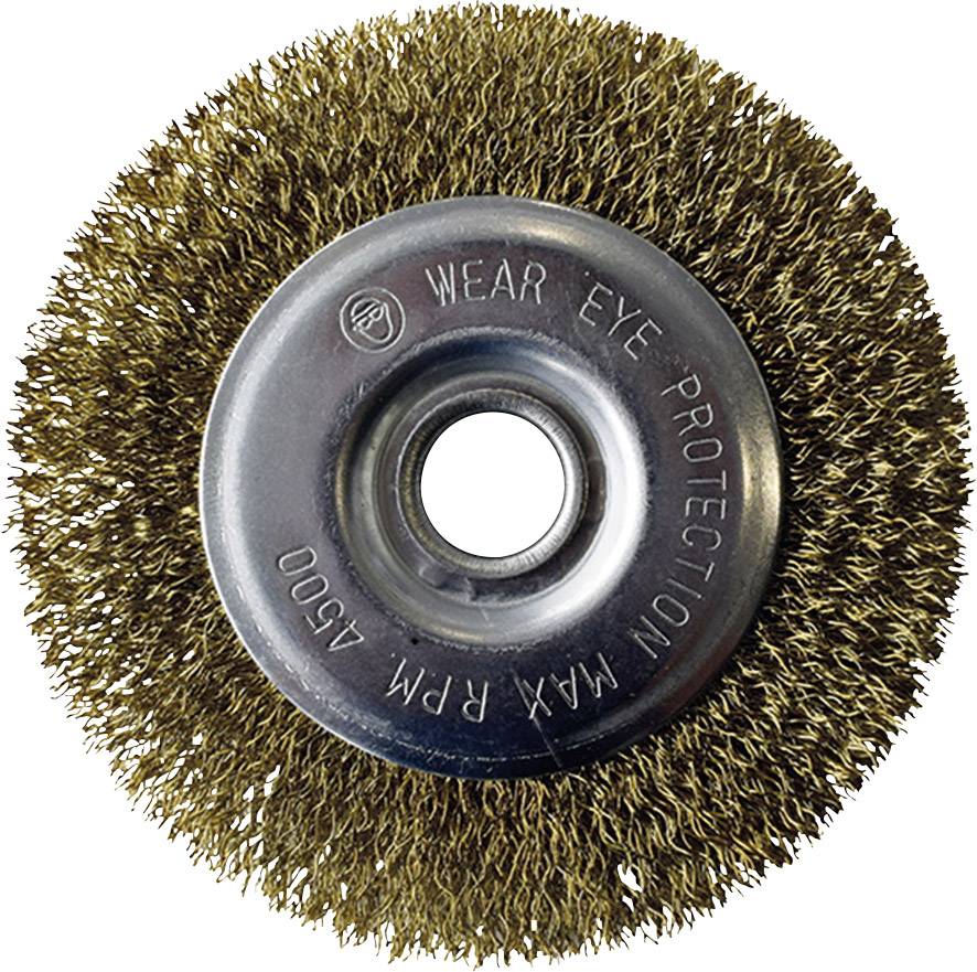 Wire brush with 'Wear eye protection' and 'Max RPM 4500' printed on the metal centre.