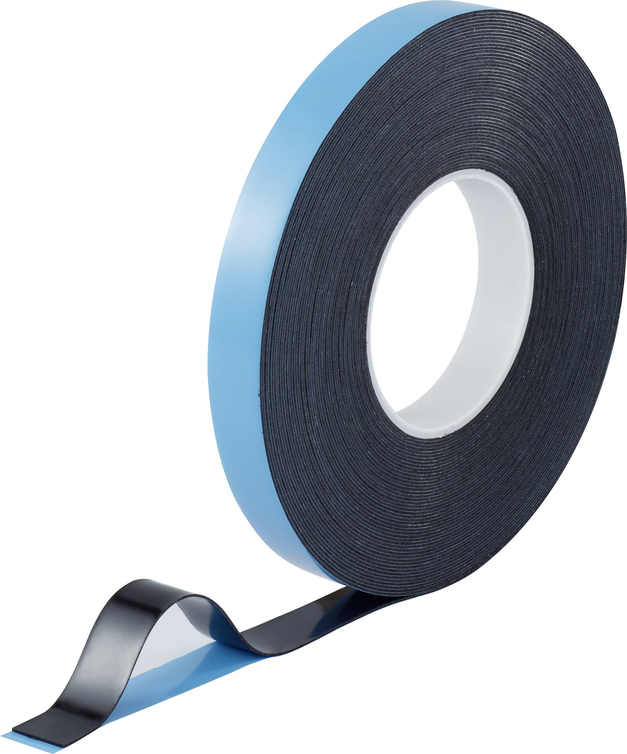A roll of black, double-sided adhesive tape with a blue separating strip, partially unrolled at the bottom edge of the roll.