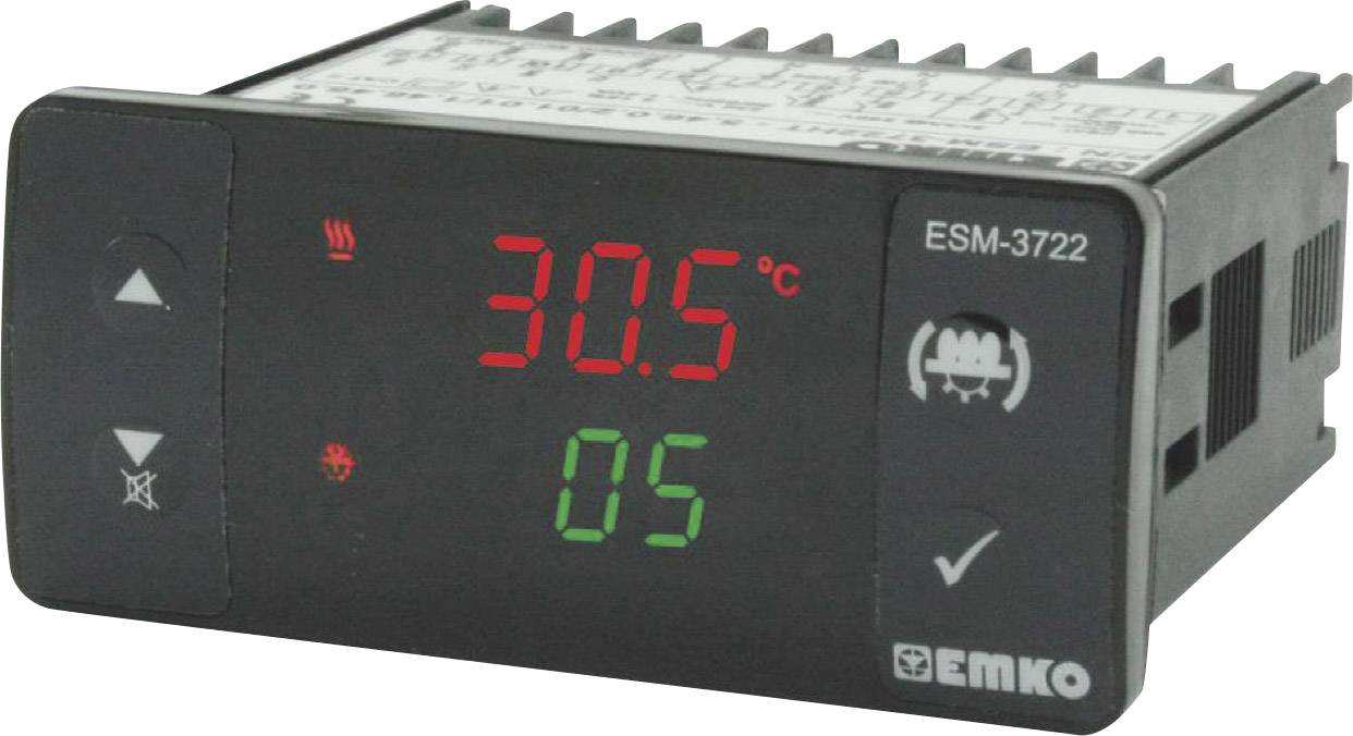 Digital temperature control device with LED display showing '30.5°C', buttons for settings and indicator lights for heating and operation.