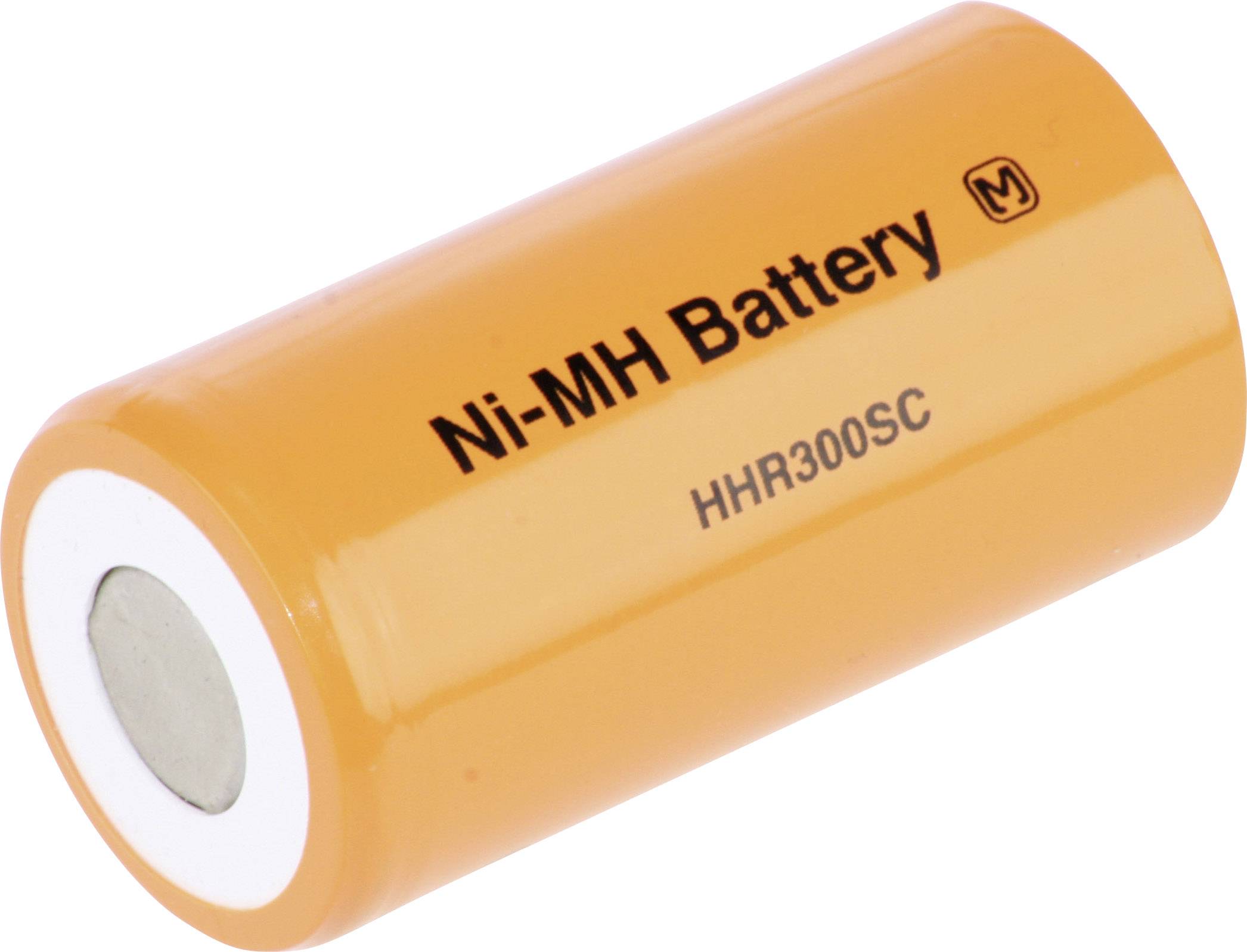 An orange Nickel-Metal Hydride battery (Ni-MH) with the marking 'Ni-MH Battery HHR300SC'.