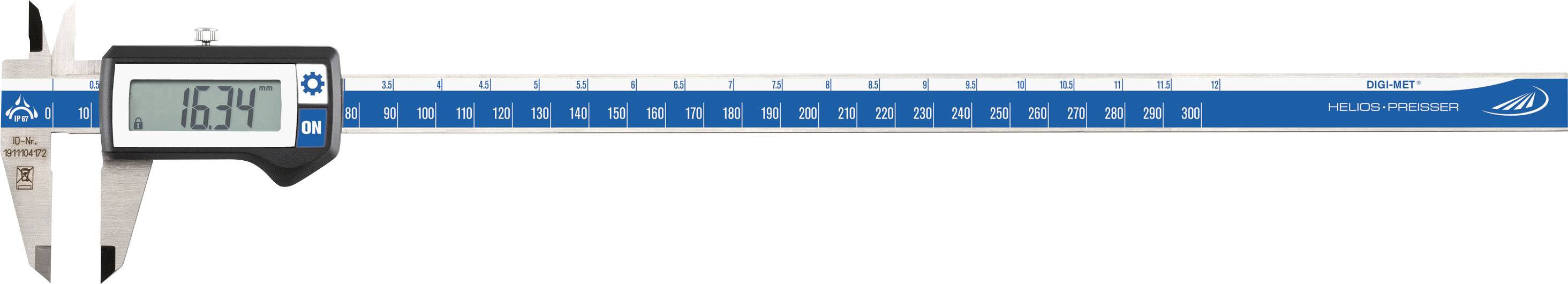 Digital calliper shows 16.31 mm, dark blue ruler with white scale for precise length measurements of objects.