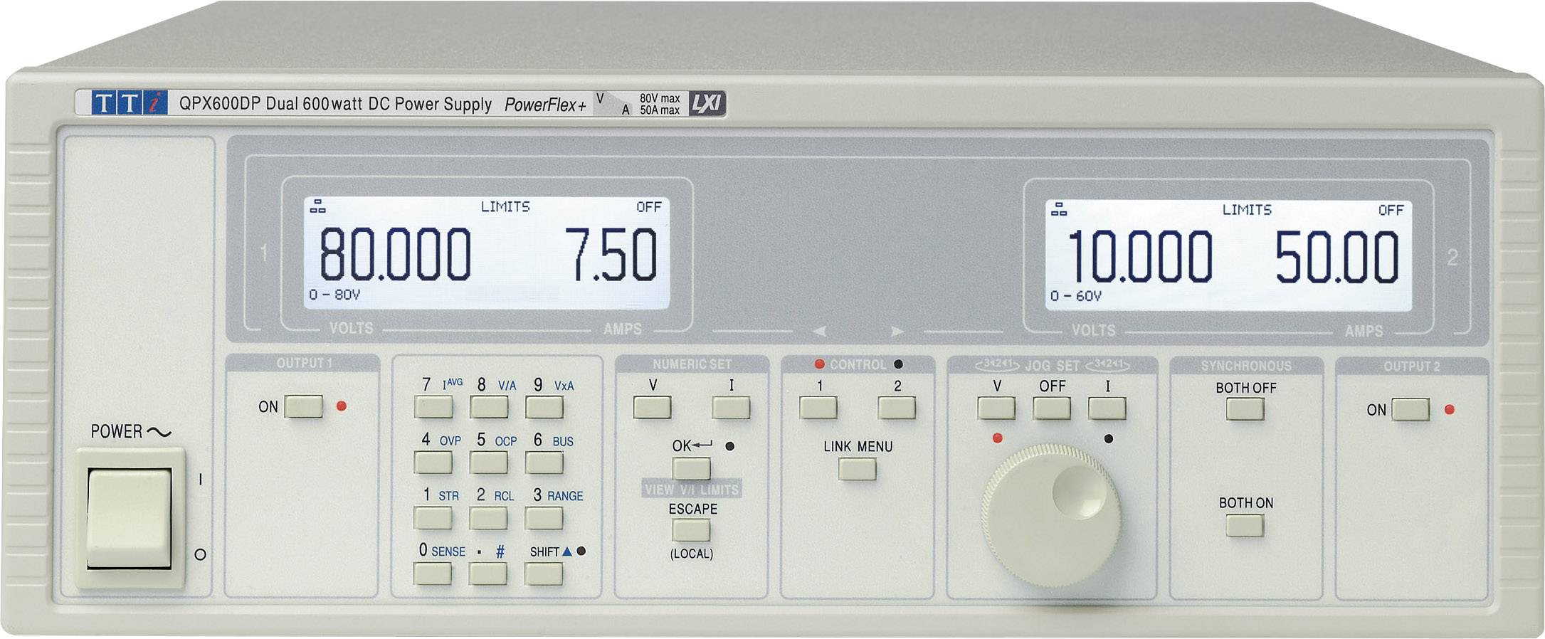 A dual DC power supply with two displays; left: voltage 80.00V, current 7.50A, right: voltage 10.00V, current 50.00A.