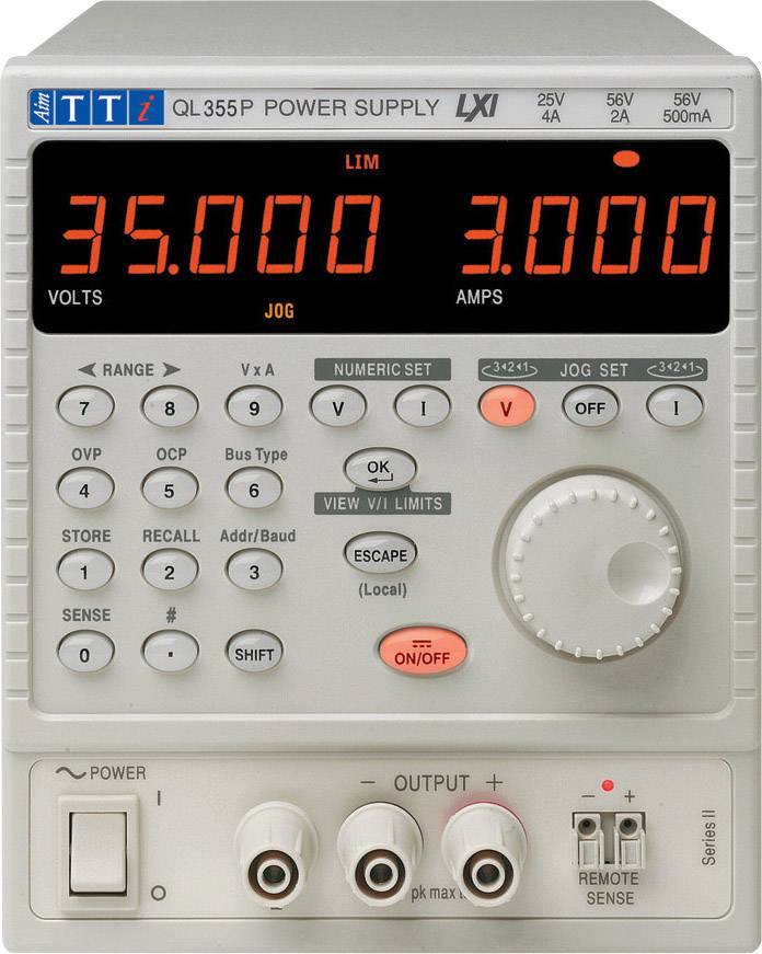 Laboratory power supply with digital display shows 35,000 Volts and 3,000 Amperes. Numerous control elements and connections underneath.