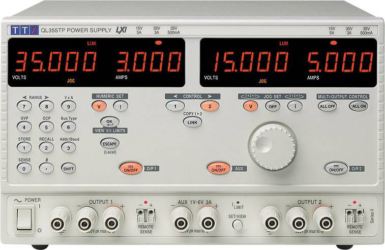 Laboratory power supply unit with digital displays for voltage and current. Controls and switches for various settings available.