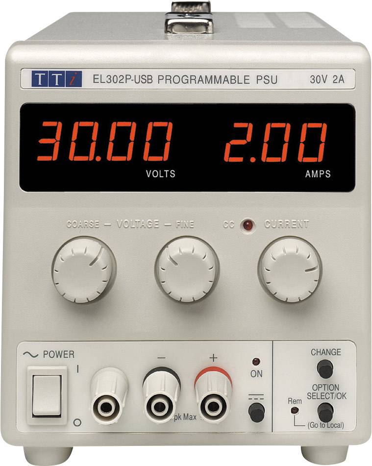 A programmable power supply with a digital display shows '30.00 VOLTS' and '2.00 AMPS'; it has controls for voltage and current.