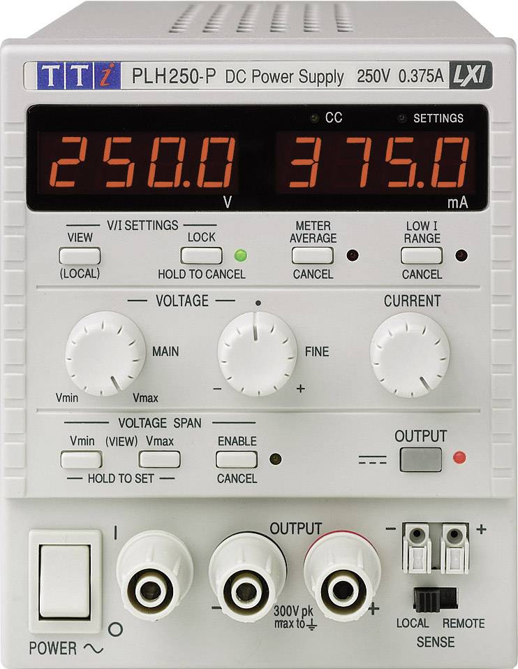 A digital laboratory power supply shows a voltage of 250 V and a current of 375 mA. It has rotary knobs for voltage and current.