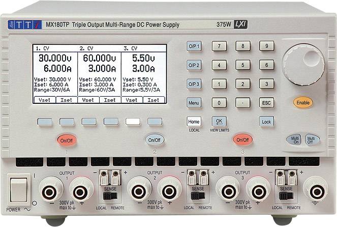 Triple-Output DC Power Supply with Digital Display. Shows voltage and current for three channels with control elements.