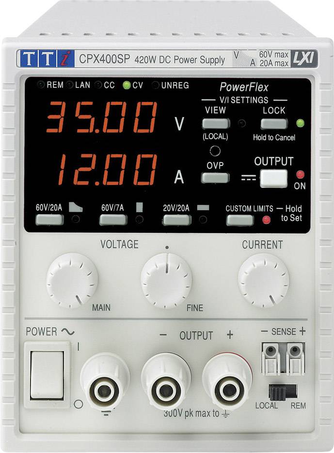Electronic power supply unit with digital display showing '35.00 V' and '0.00 A'. Switches for voltage and current, connections at the bottom.