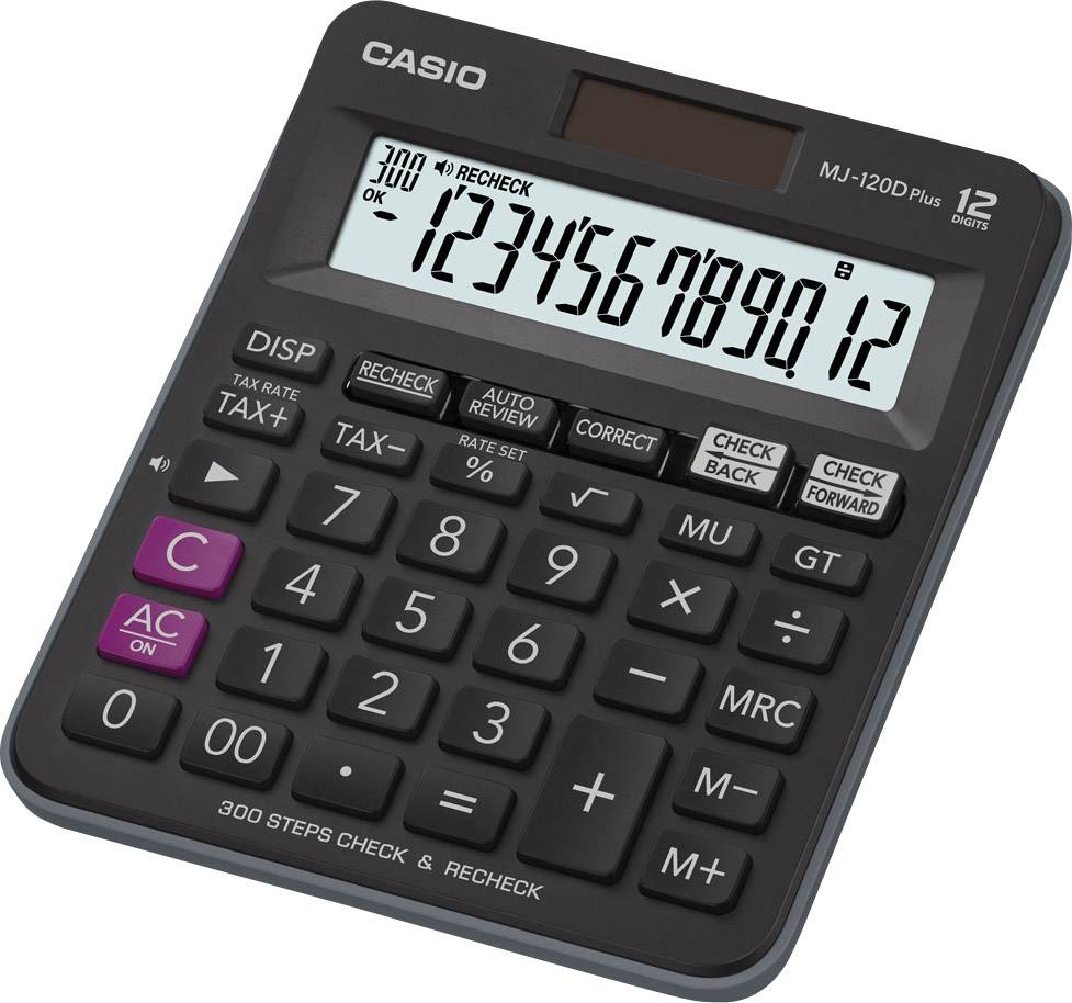 A calculator with large buttons and a display showing the numbers '123456789012'. Clear for simple calculations.