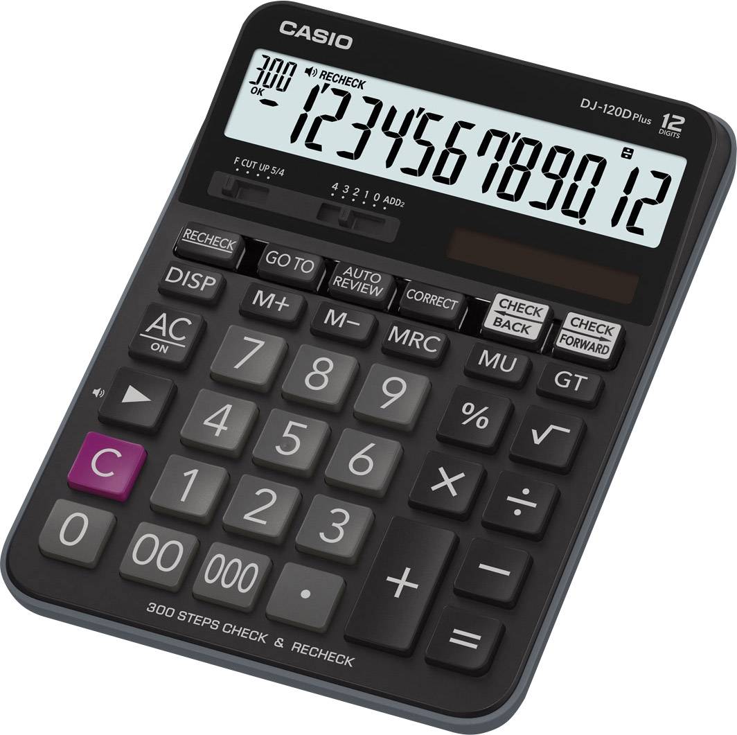 Black calculator with large display, showing the number sequence '1234567890.12'. Buttons for basic arithmetic operations and functions visible.