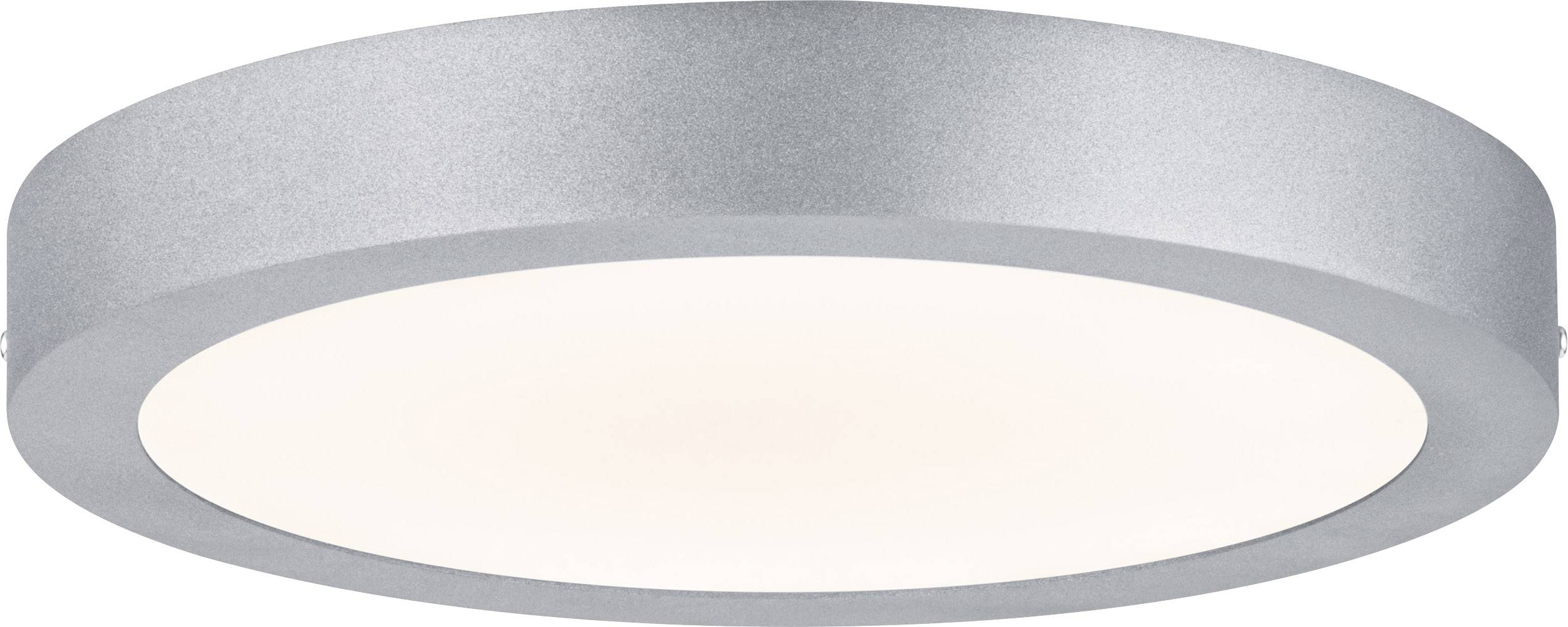 Round LED ceiling light in silver with white cover. Modern design, suitable for living rooms and offices. Energy-efficient.