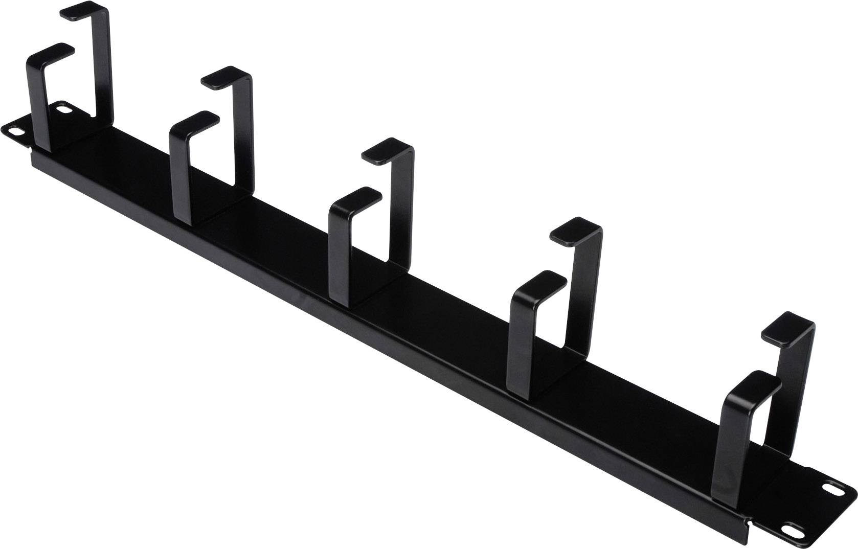 Black cable manager with five hooks for cable organisation in a server rack.