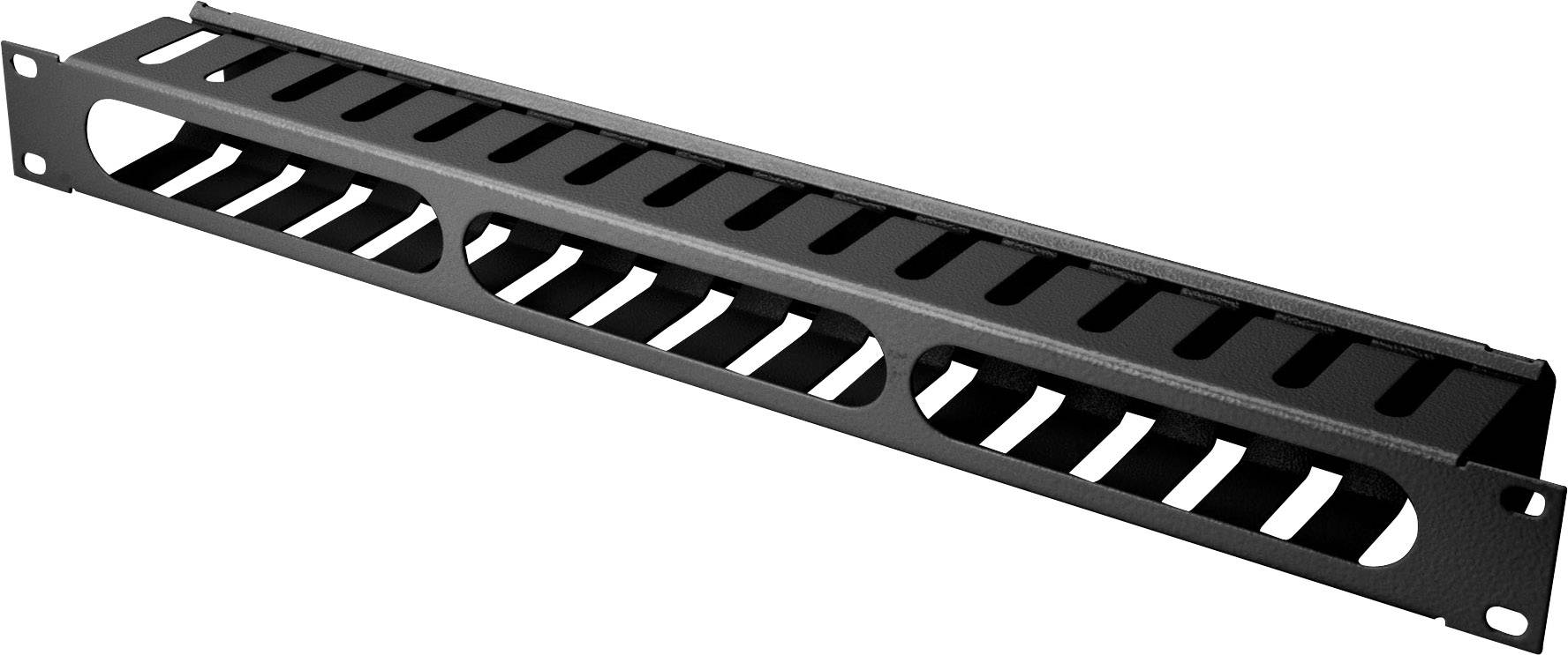A black cable management panel with vertical slots for neat organisation of cables in a server rack.