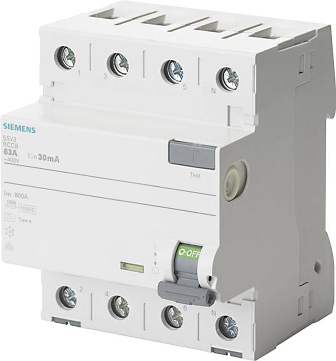A 63A Siemens residual current circuit breaker (RCCB) with 4 poles, used to interrupt electrical circuits in the event of current leakage.