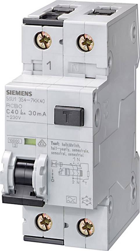 Two-pole circuit breaker with blue and brown connection terminals. Printed surface with technical specifications.