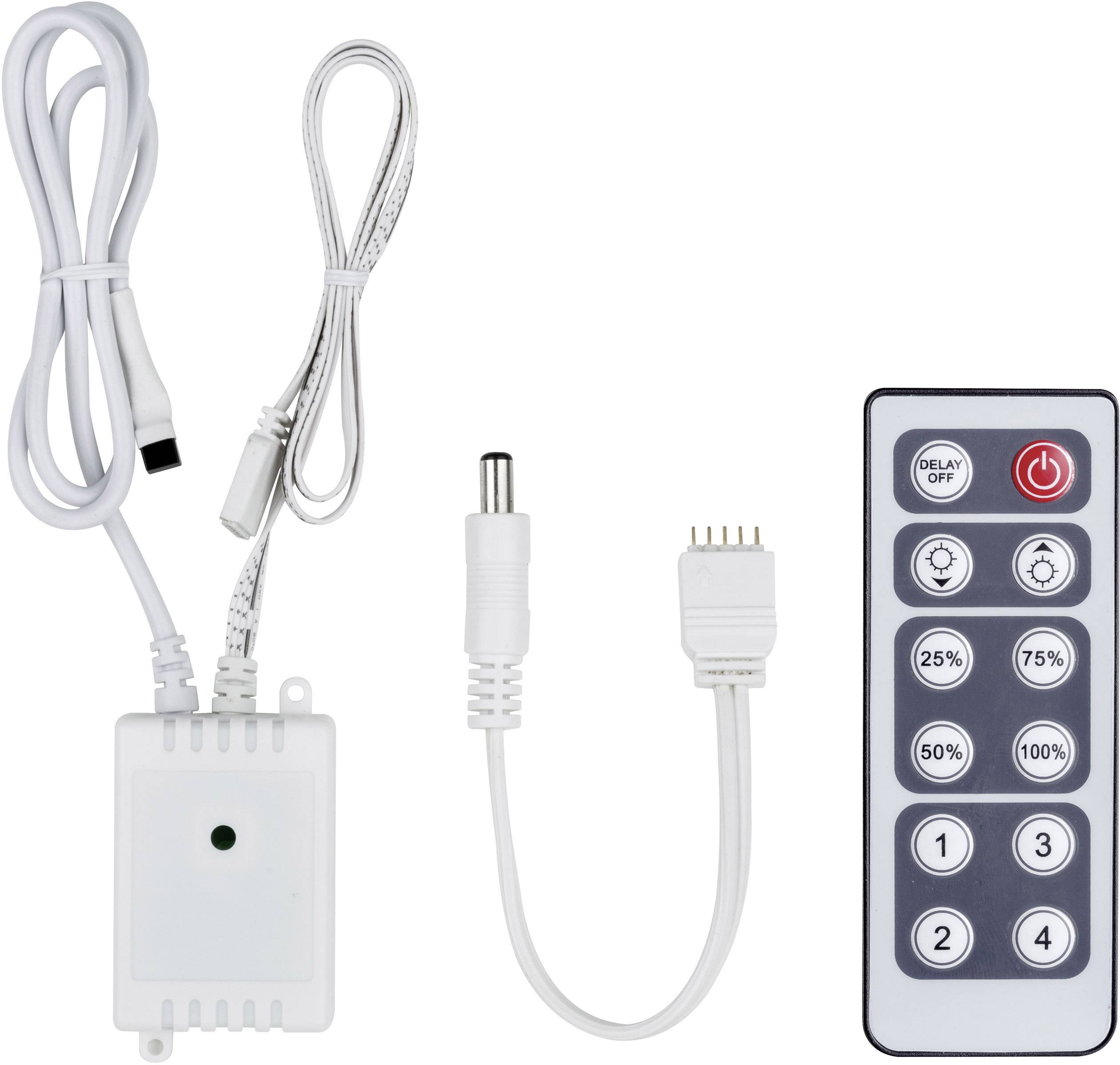 An LED controller set with remote control. The remote control has buttons for Power, Delay, and 25%-100% brightness settings.