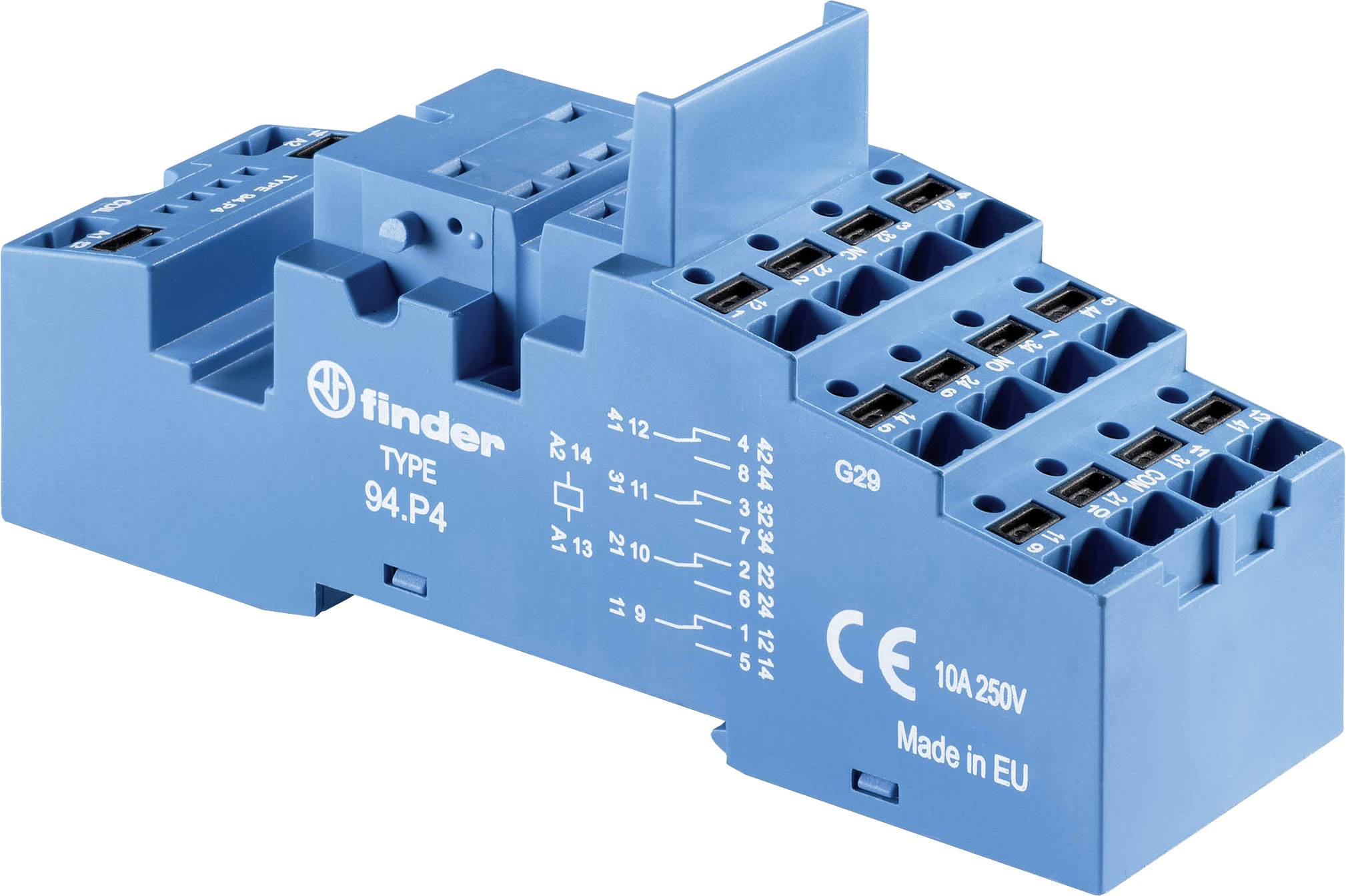 Blue electrical relay socket with 'finder TYPE 94.P4' labelling, terminals and CE marking, suitable for 10A, 250V.