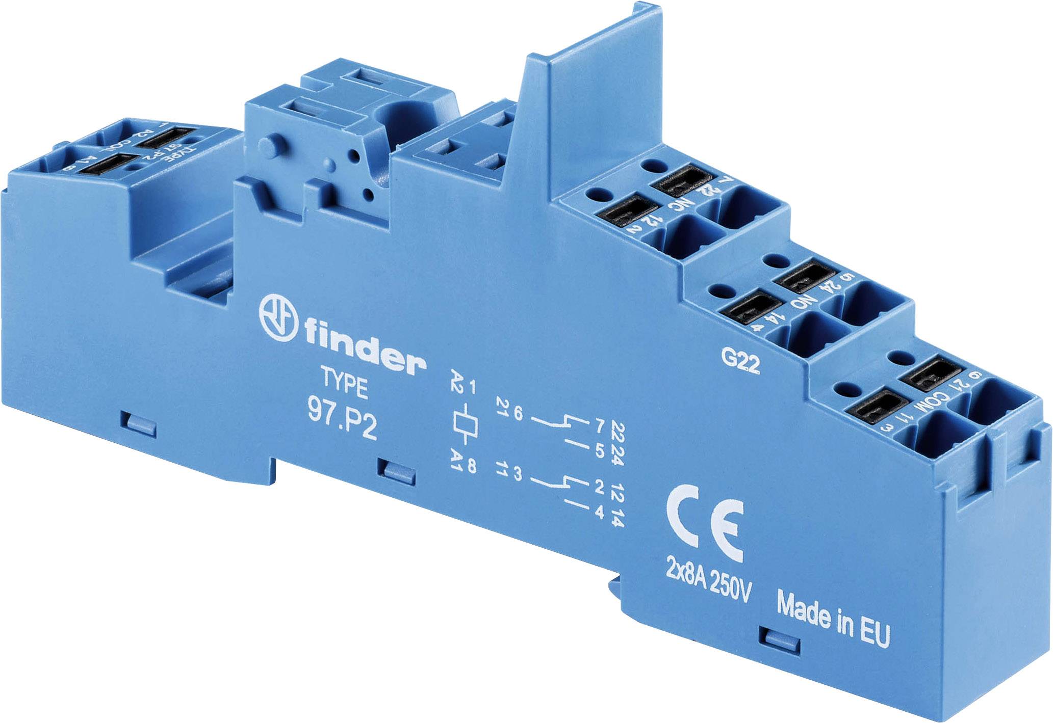 A blue electric relay module by Finder, type 97.P2, with CE marking. It has multiple terminals and is labelled 'Made in EU'.