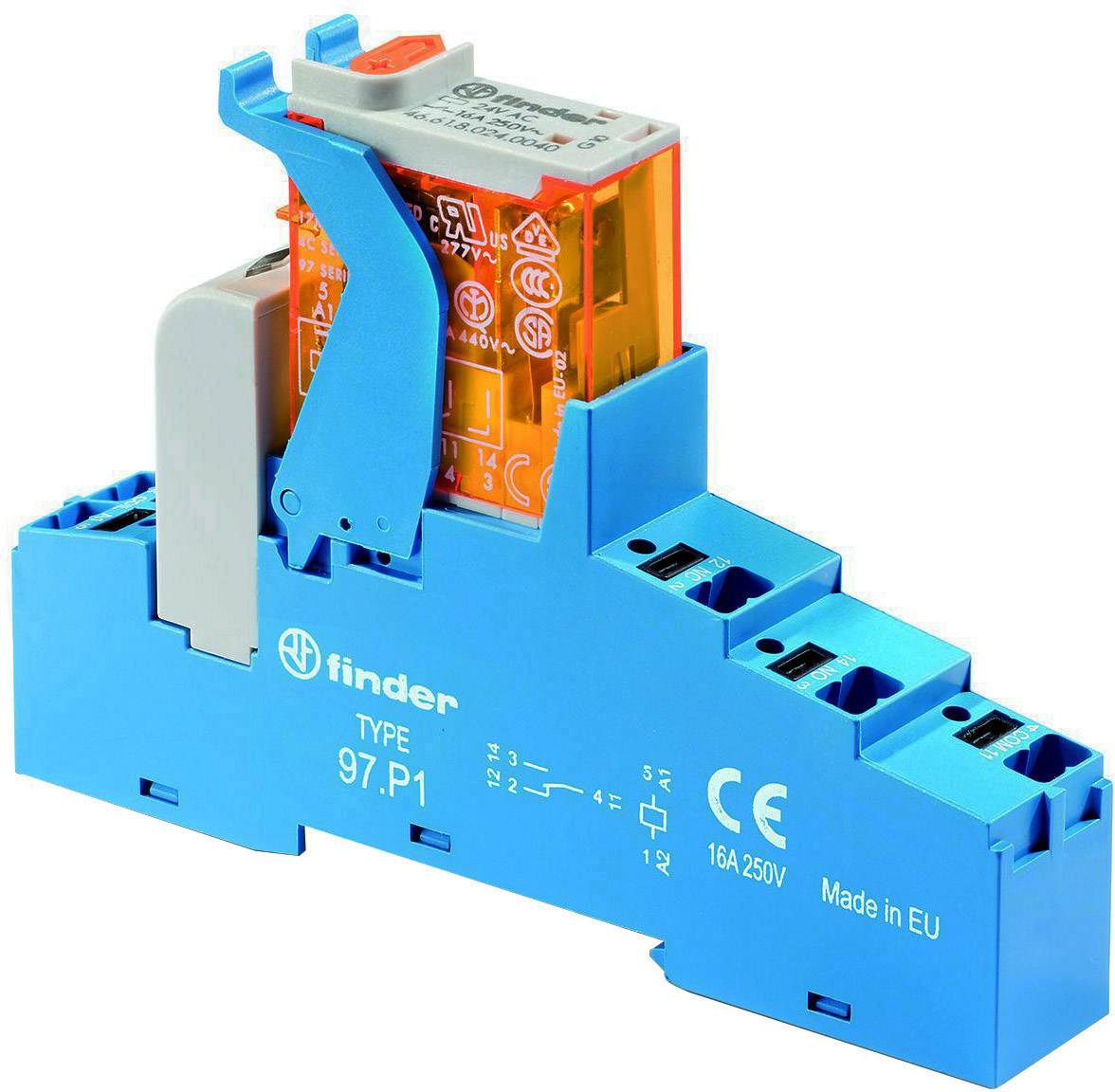Blue finder relay with orange coil, model 97. P1, for electrical circuits, 16A, 250V, manufactured in the EU.