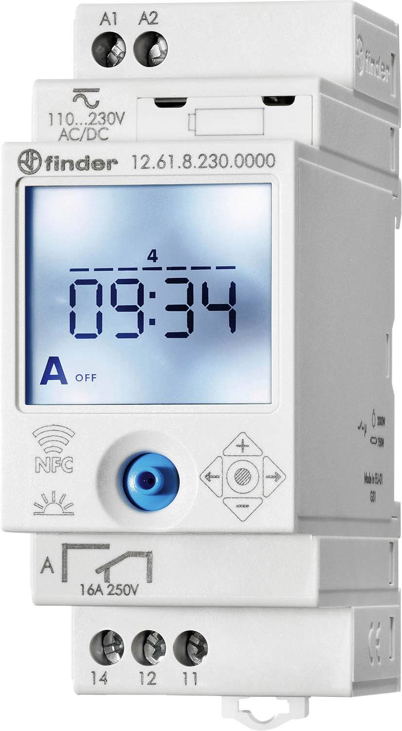 Digital time switch with display, showing '09:34', switching state 'A OFF'. Connection terminals at top and bottom, NFC logo visible.