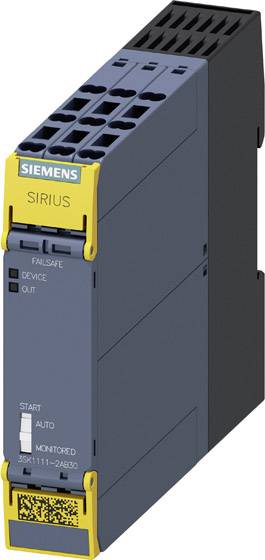 Siemens industrial automation module, Sirius model, with yellow safety marking, marked areas 'Failsafe', 'Device', 'Out'.