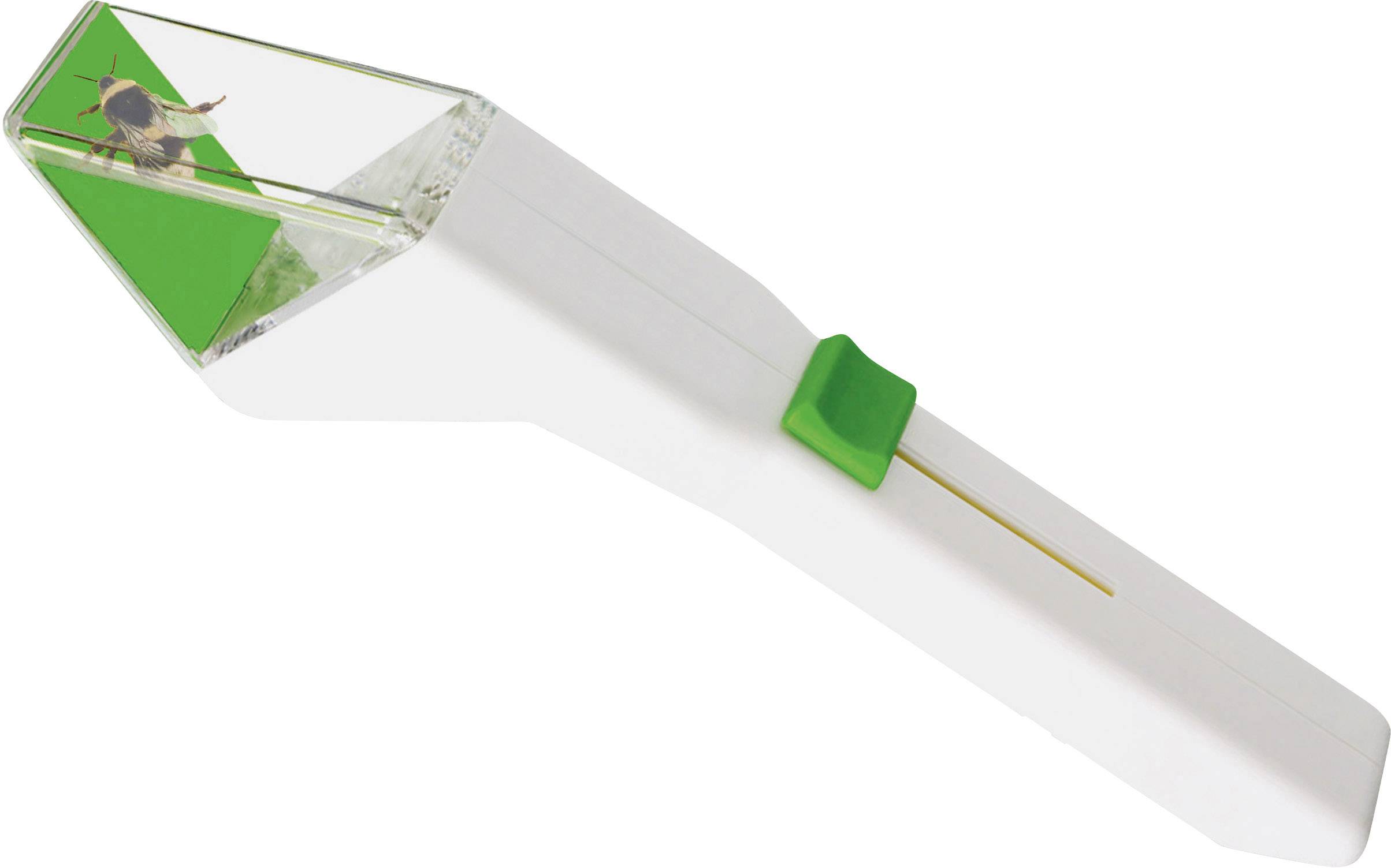 A transparent, elongated insect-catching device with a green lid contains an insect in its front section.