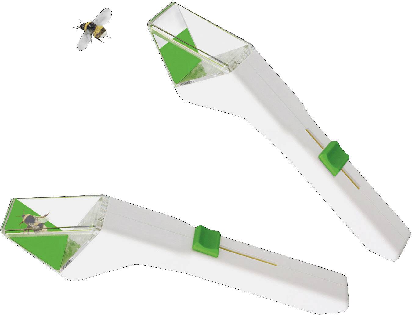 Two white fly traps made of plastic with green details, a fly inside and a fly above.