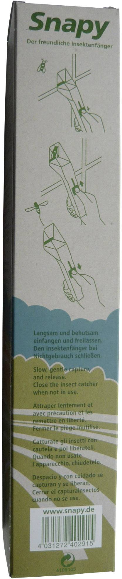 Packaging for an insect trap with an illustrated instruction manual. Brand name 'Snapy' at the top. Includes website URL and recycling symbol.