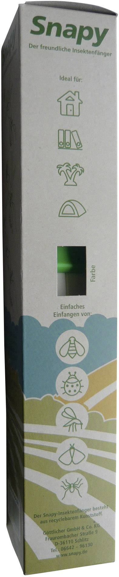 Side view of a package with the inscription 'Snapy - The Pet-Friendly Insect Catcher'. Pictograms of insects and houses.