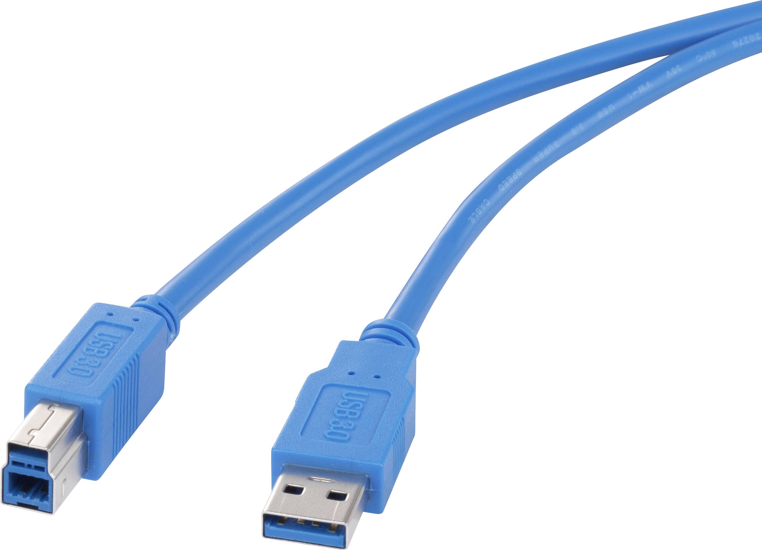 Two blue USB cables, one with a USB-A plug and the other with a USB-B plug, both used for connecting devices and peripherals.