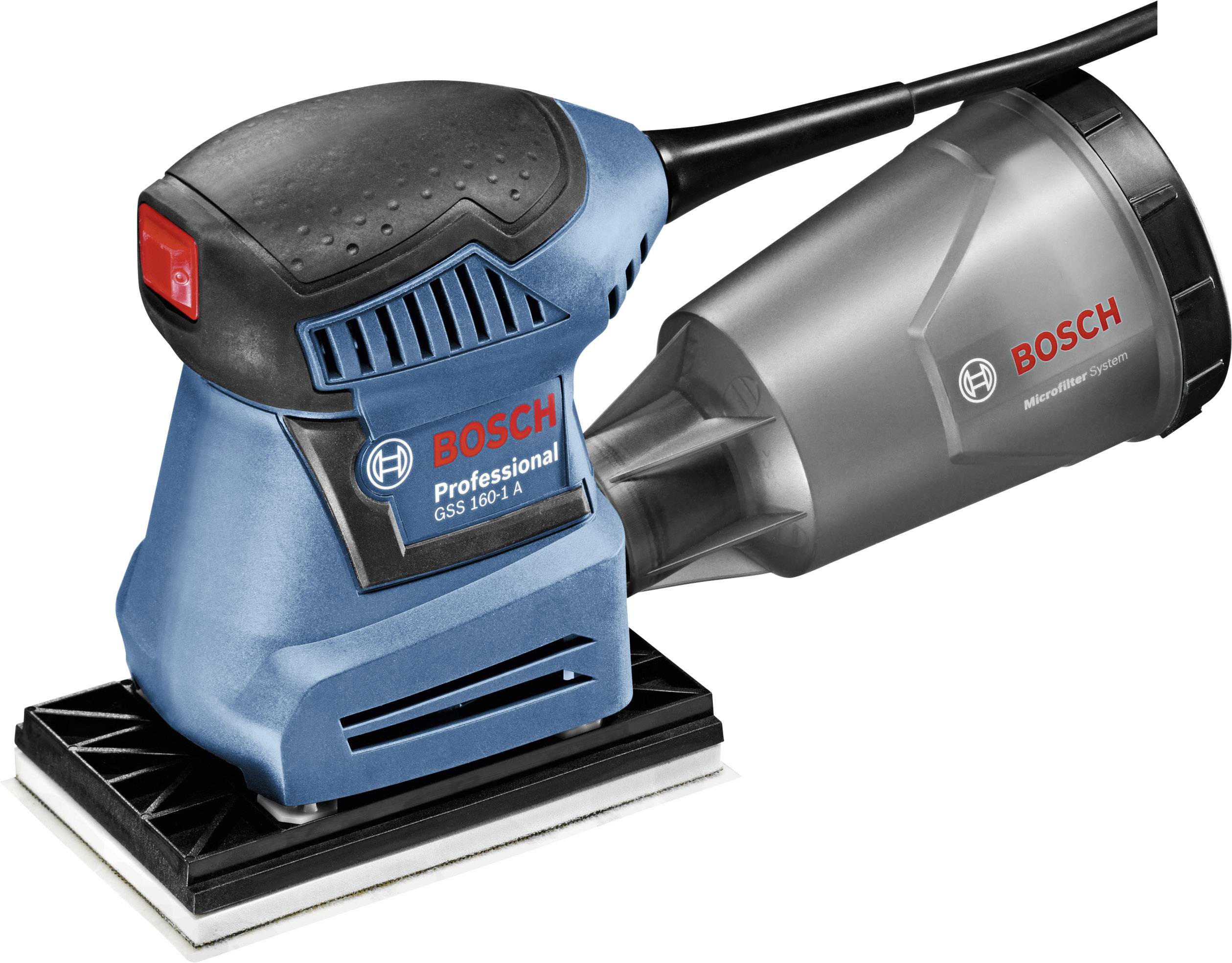 A blue Bosch hand sander with a black handle and red switch, next to a grey collection container with the Bosch logo.