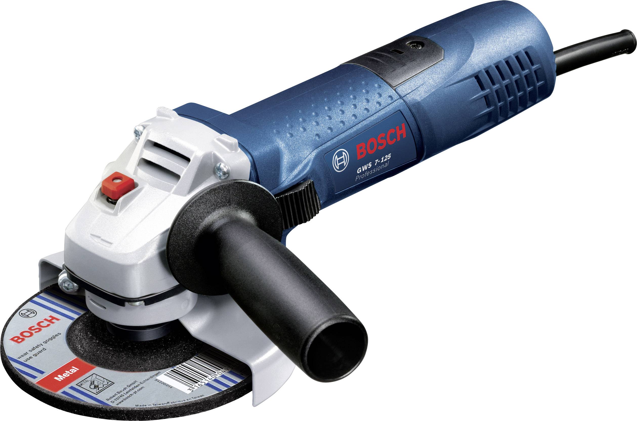 A blue Bosch angle grinder, model GWS 9-125 S, with a red on/off switch and attached grinding disc.