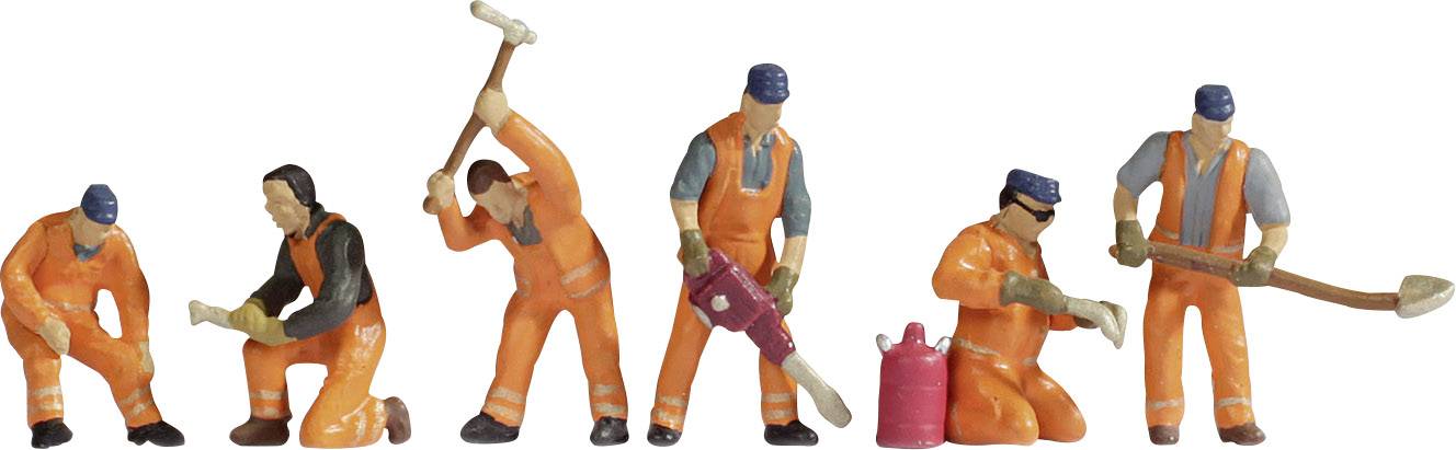 Six construction worker figures in orange protective suits, each with different tools such as a hammer, drill, and shovel, at work.
