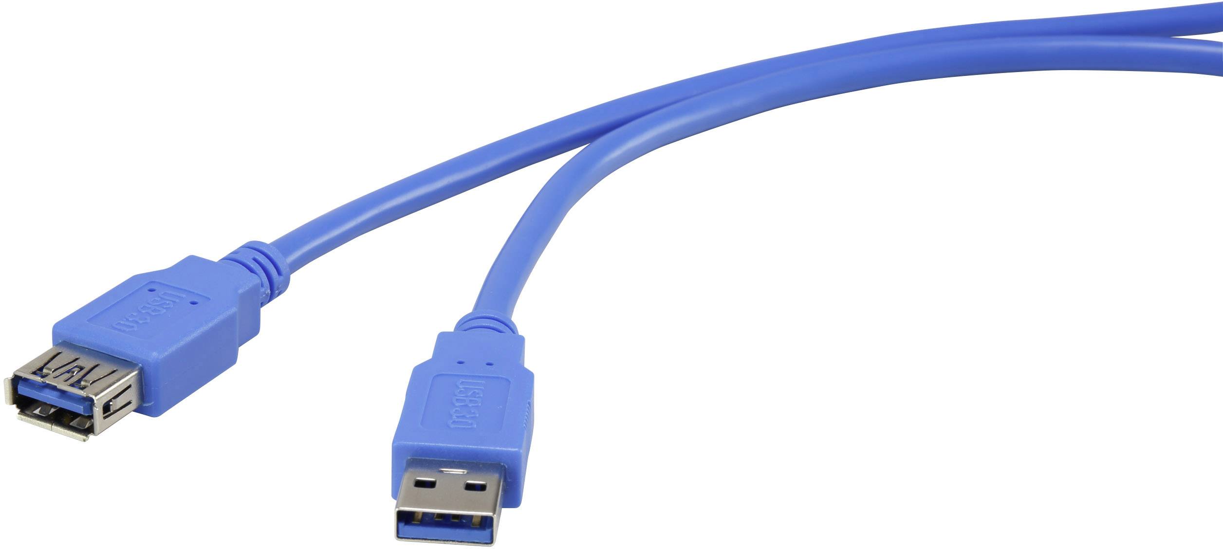 Two blue USB 3.0 cables with male and female connectors, each for data transfer between devices.