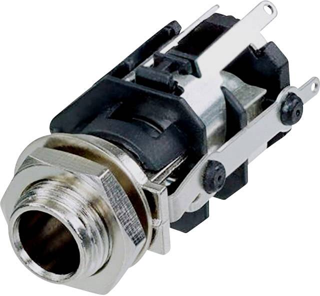 Metal connector socket, cylindrical in shape, with threading and mounting brackets, suitable for industrial applications.