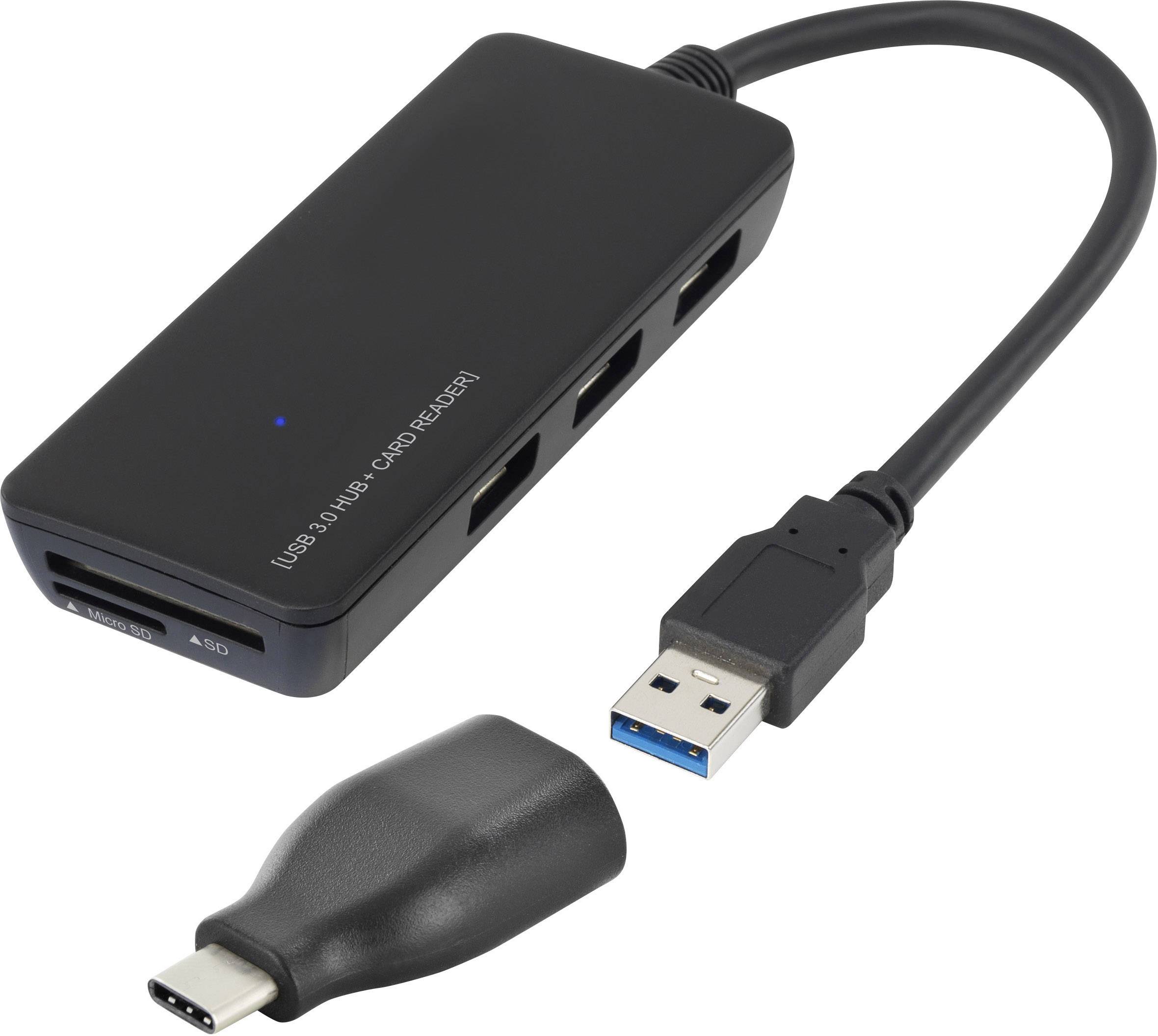 Renkforce 3 ports USB 3.2 1st Gen (USB 3.0) hub + built-in SD card reader Black