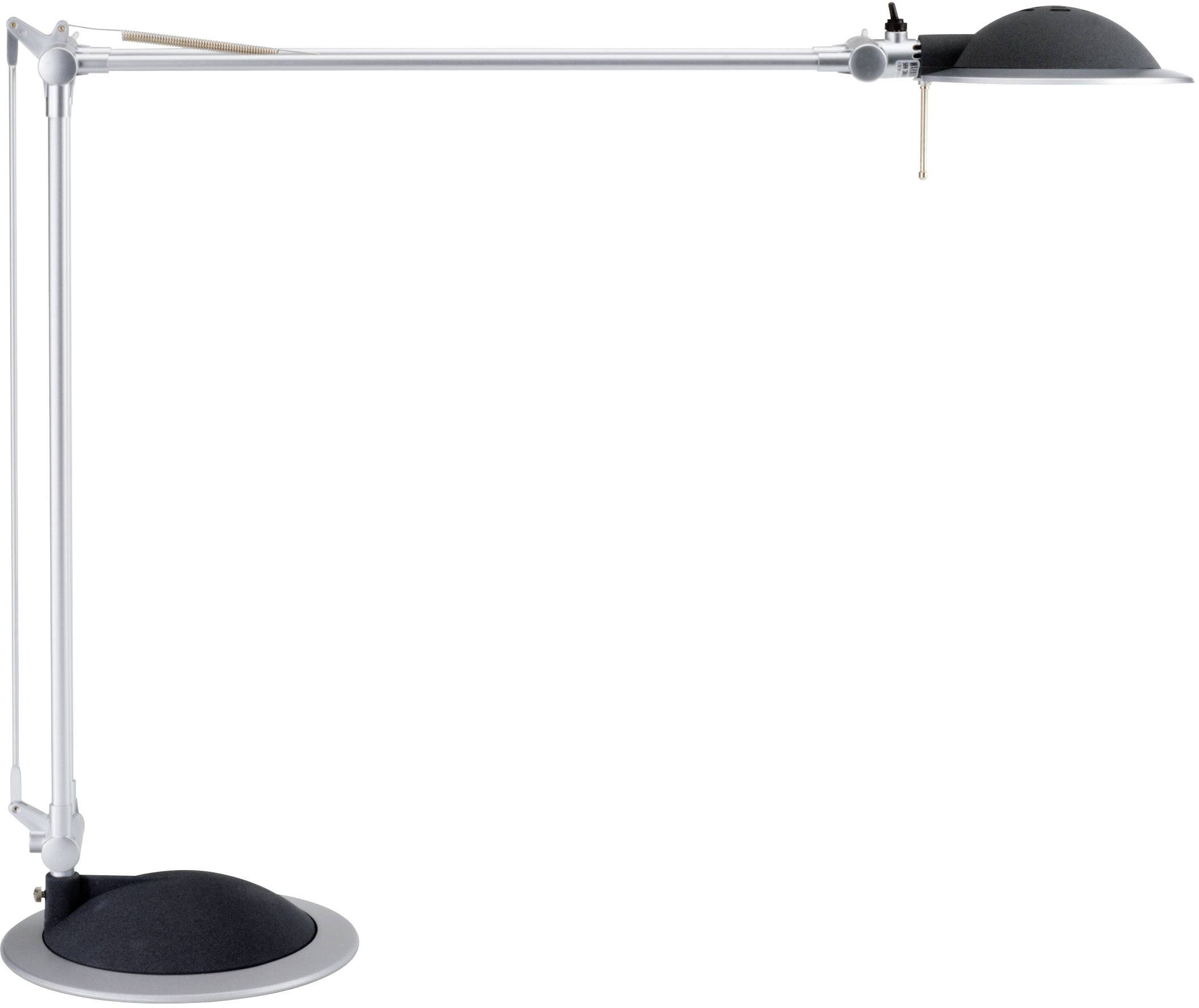 Silver desk lamp with a long, adjustable arm and round lampshade on a sturdy base.