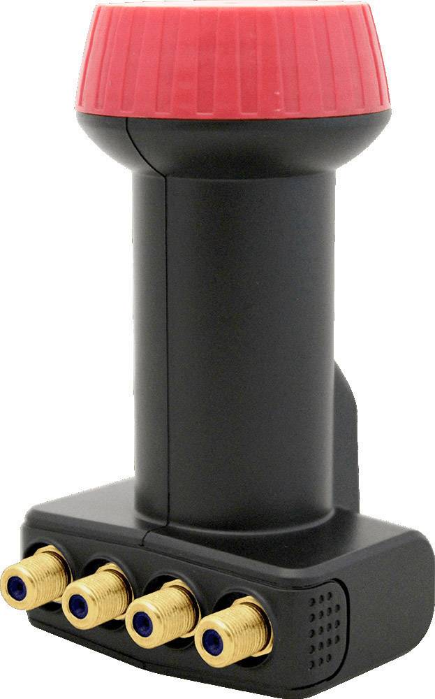 A black satellite LNB with four golden coaxial connectors and a red cap on top.