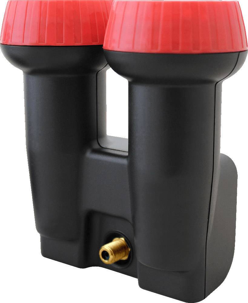 A black, double-barrelled plastic component with red caps at the top; a metal connector is located at the bottom.