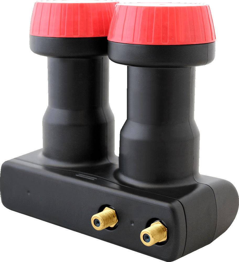 A black twin LNB with two red covers and two coaxial connectors at the bottom, for satellite reception improvement.