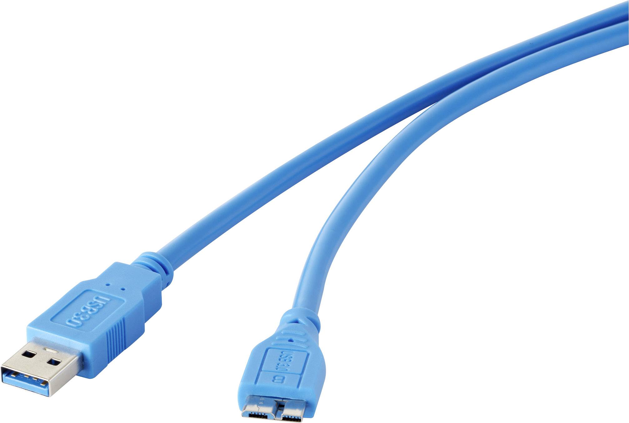 A blue USB cable with a standard USB plug on the left and a micro-USB plug on the right.