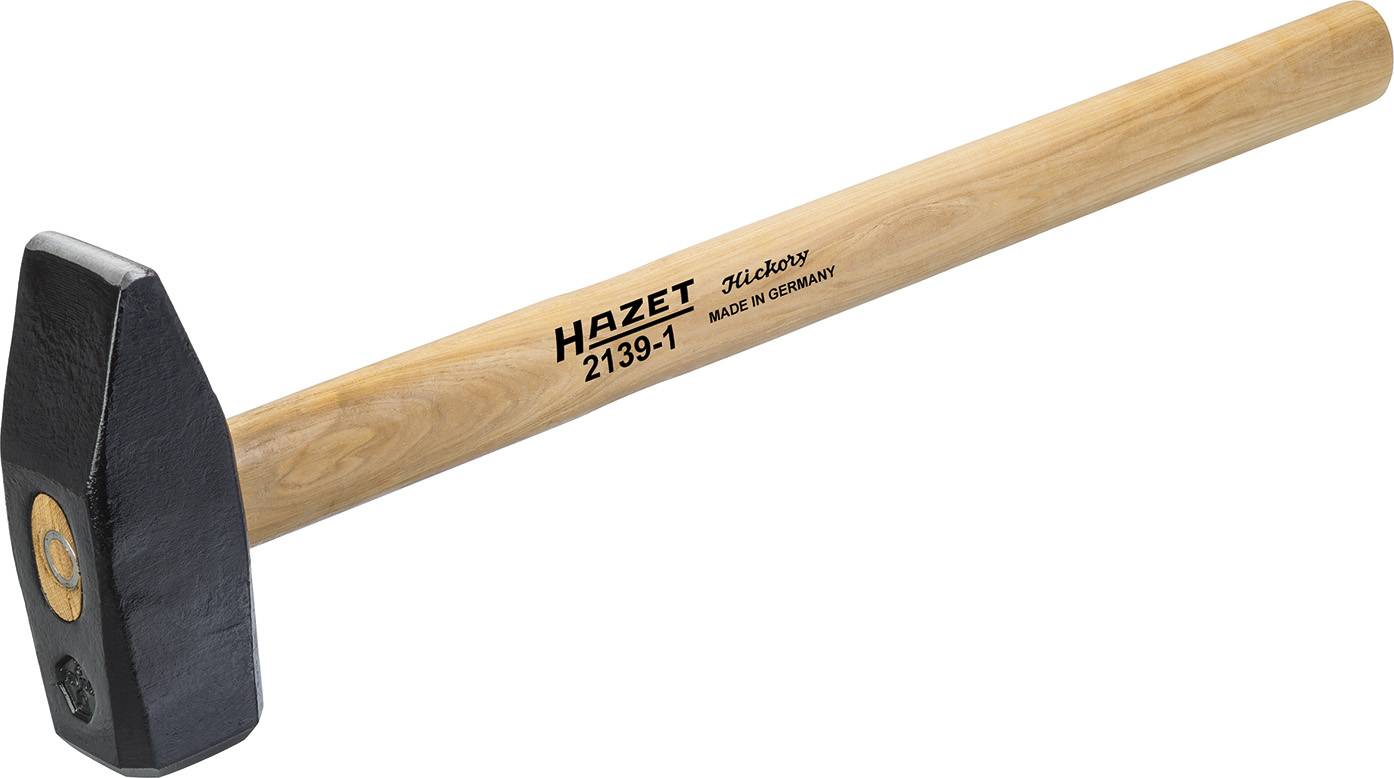 A hammer with a wooden handle. On the hammer head is written 'HAZET 2139-1 Hickory Made in Germany'.