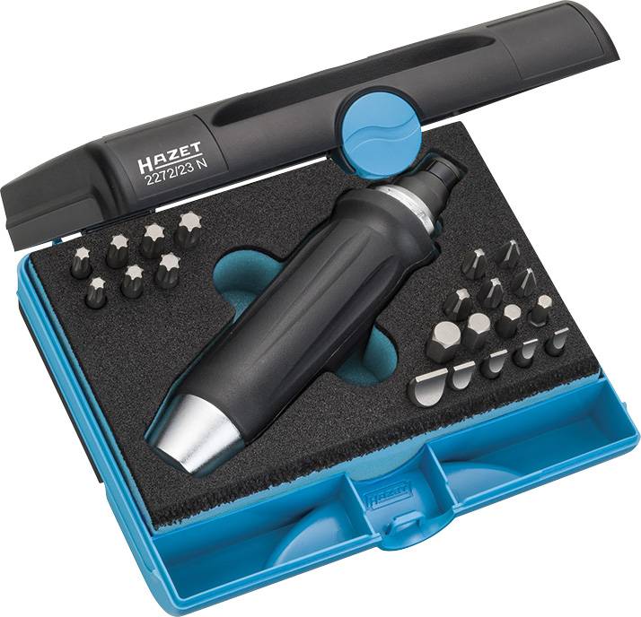 Set of screwdriver bits by Hazet, model 2272/23 N, in an open blue plastic case. Contains various bits and a handle.