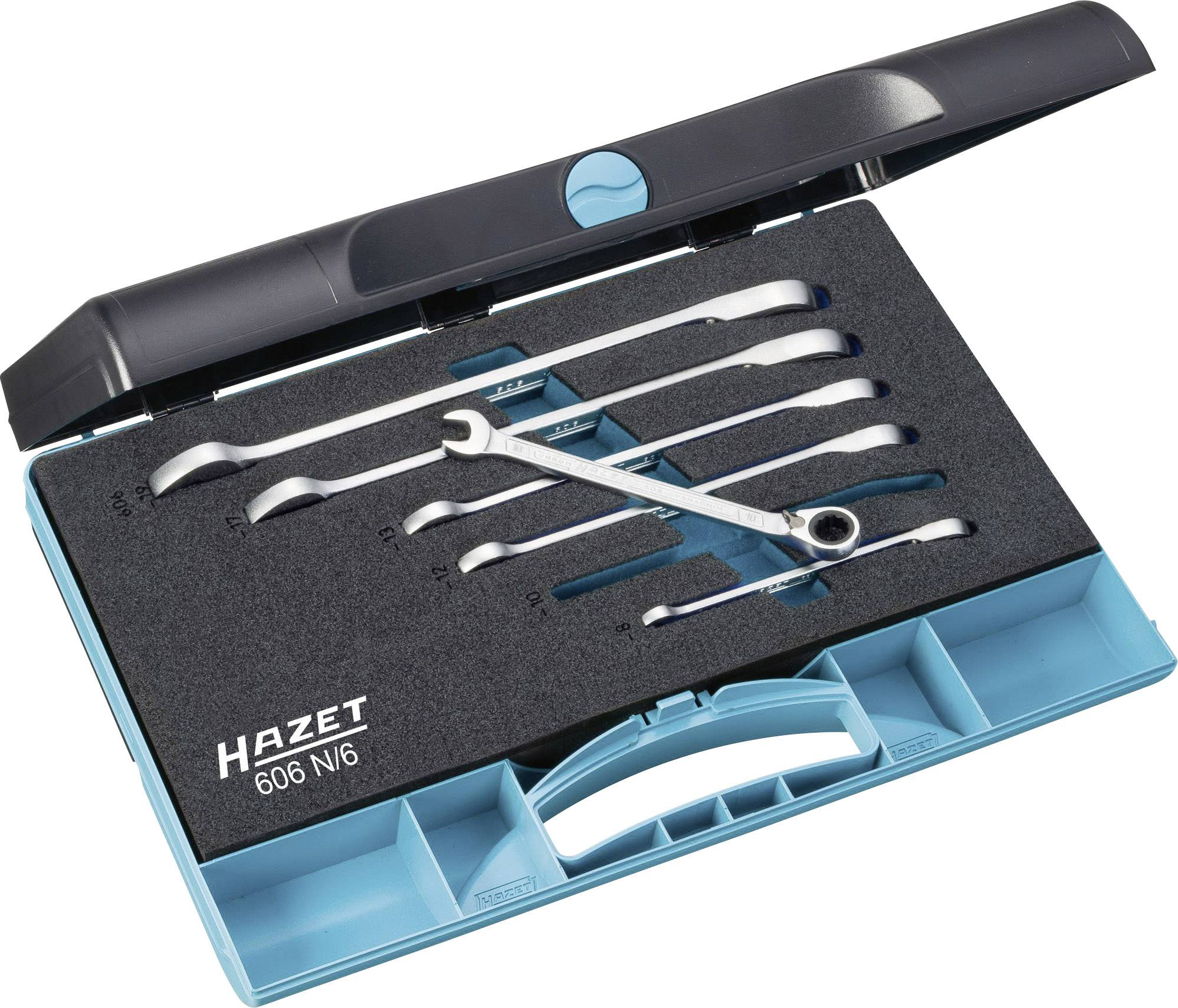 Open tool box with six spanners, neatly placed in a foam insert. 'Hazet' brand and model '606 NI6' visible.