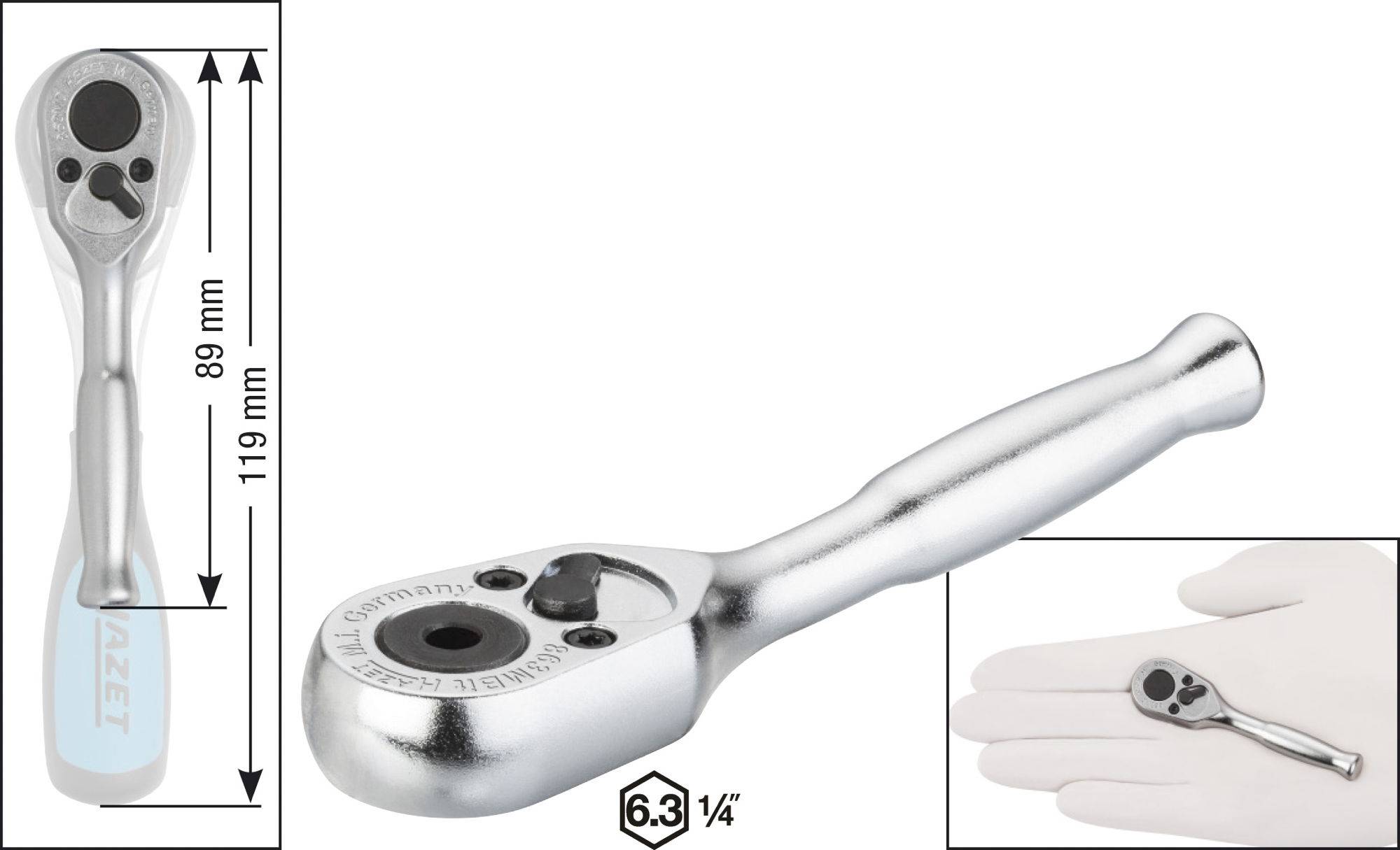 Polished metal ratchet with a 6.3 mm (1/4