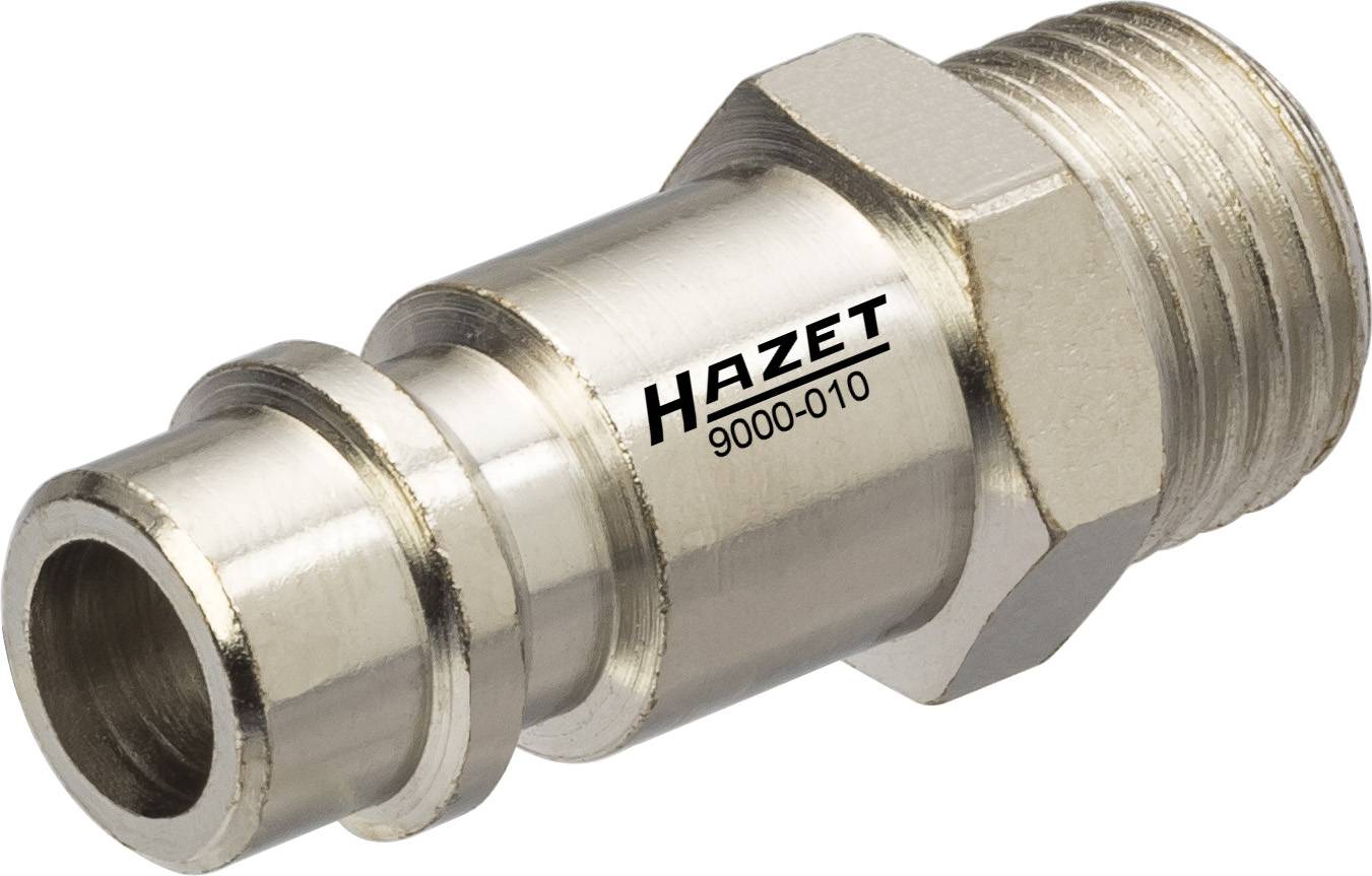 Metal adaptor by Hazet with model number 9000-010, cylindrical shape and knurled edges, likely for pneumatic systems.