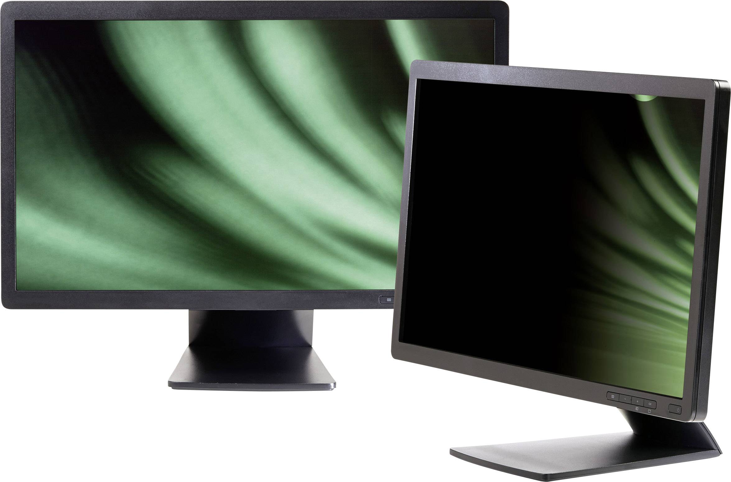 Two computer monitors, one larger with a flat stand, the other smaller, both displaying a green, abstract background.