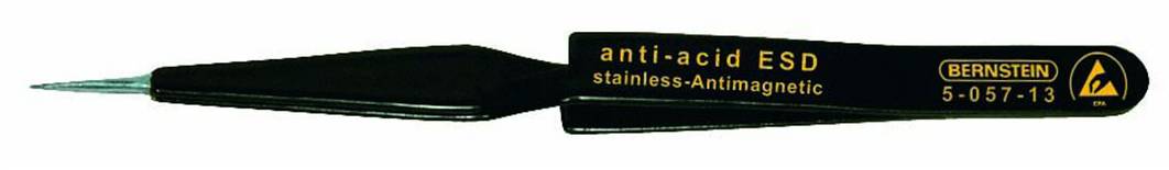 Stainless steel anti-acid tweezers, non-magnetic, black in colour, with a fine tip, 'anti-acid ESD' text and logo on handle.